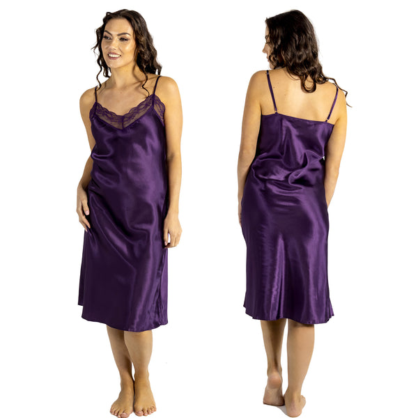 plain purple shiny silky satin and lace chemise nightie which is a midi over the knee length with adjustable straps and a vee neck detail in UK plus sizes 12, 14, 16, 18, 20, 22, 24, 26, 28, 30, 32, 34, 36, 38