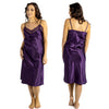 plain purple shiny silky satin and lace chemise nightie which is a midi over the knee length with adjustable straps and a vee neck detail in UK plus sizes 12, 14, 16, 18, 20, 22, 24, 26, 28, 30, 32, 34, 36, 38