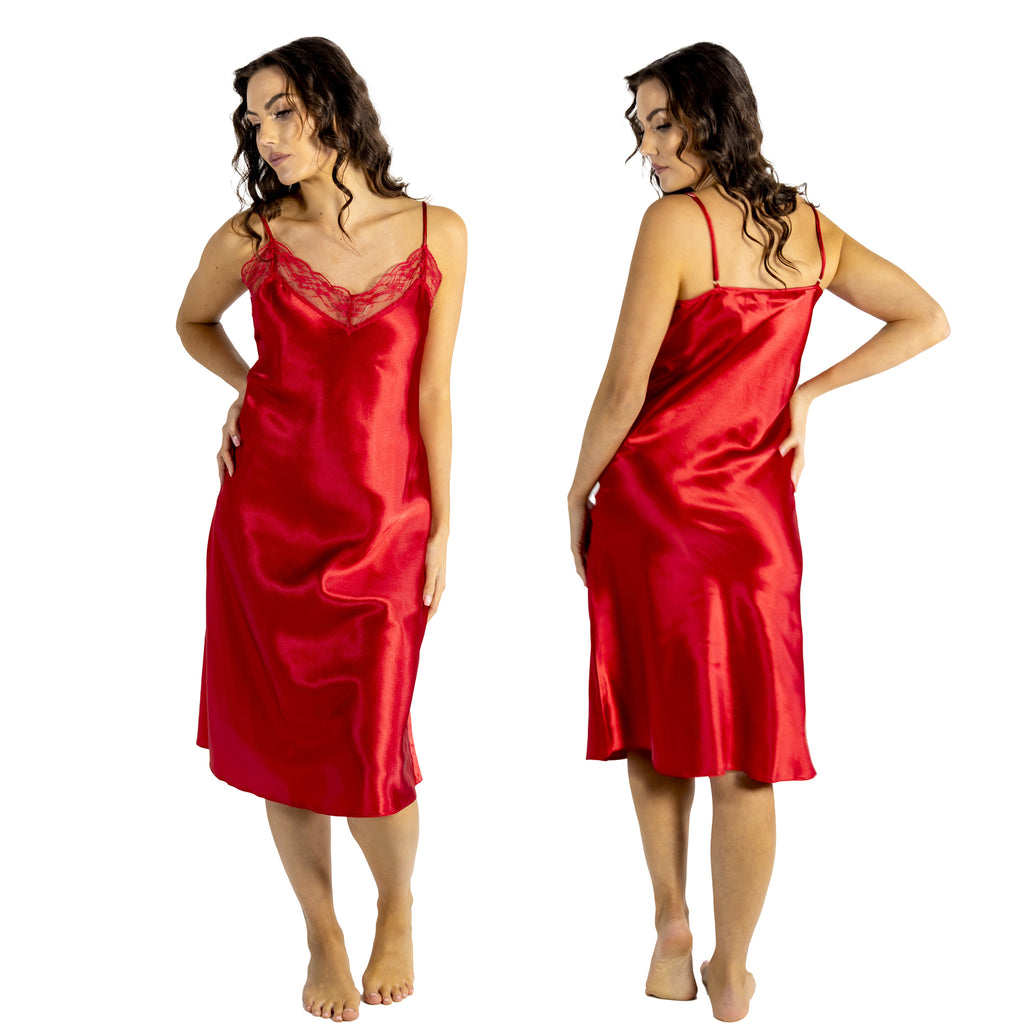 plain red shiny silky satin and lace chemise nightie which is a midi over the knee length with adjustable straps and a vee neck detail in UK plus sizes 12, 14, 16, 18, 20, 22, 24, 26, 28, 30, 32, 34, 36, 38