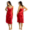 plain red shiny silky satin and lace chemise nightie which is a midi over the knee length with adjustable straps and a vee neck detail in UK plus sizes 12, 14, 16, 18, 20, 22, 24, 26, 28, 30, 32, 34, 36, 38