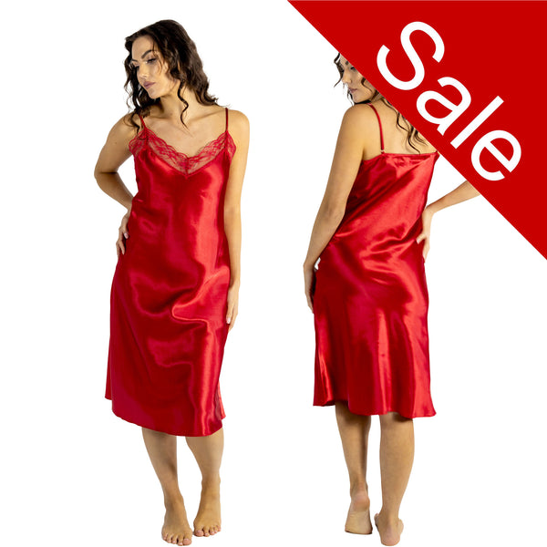 plain red shiny silky satin and lace chemise nightie which is a midi over the knee length with adjustable straps and a vee neck detail in UK sizes 12, 14, 