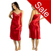 plain red shiny silky satin and lace chemise nightie which is a midi over the knee length with adjustable straps and a vee neck detail in UK sizes 12, 14, 