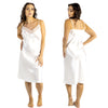 plain ivory white shiny silky satin and lace chemise nightie which is a midi over the knee length with adjustable straps and a vee neck detail in UK plus sizes 12, 14, 16, 18, 20, 22, 24, 26, 28, 30, 32, 34, 36, 38