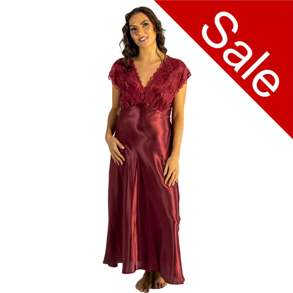 long full length silky shiny satin and lace chemise nightdress with wide fixed straps in a plain burgundy red style in UK plus sizes 14, 16, 18, 20, 22, 24,