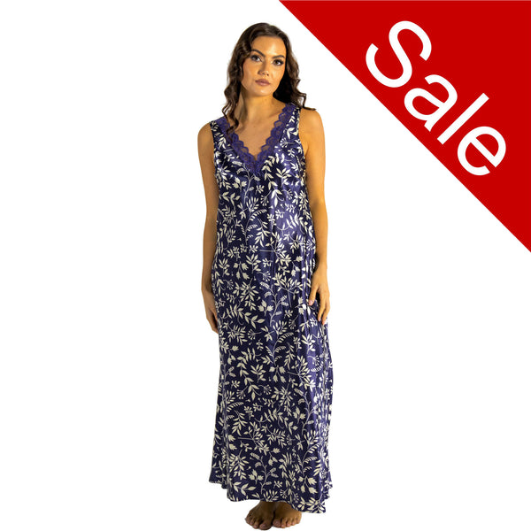 Long full length silky shiny satin and lace chemise nightdress with wide fixed straps in an autumn floral print navy blue style in UK sizes 10, 12, 14, 16, 18, 20