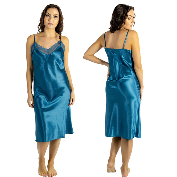 plain teal blue shiny silky satin and lace chemise nightie which is midi over the knee length with adjustable straps and a vee neck detail in UK plus sizes 12, 14, 16, 18, 20, 22, 24, 26, 28, 30, 32, 34, 36, 38