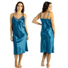 plain teal blue shiny silky satin and lace chemise nightie which is midi over the knee length with adjustable straps and a vee neck detail in UK plus sizes 12, 14, 16, 18, 20, 22, 24, 26, 28, 30, 32, 34, 36, 38