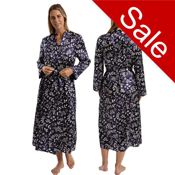Ladies navy blue autumn floral silky shiny satin and lace full length dressing gown, bathrobe, wrap, kimono with full length sleeves trimmed with lace in UK sizes 10, 12
