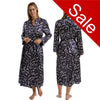 Ladies navy blue autumn floral silky shiny satin and lace full length dressing gown, bathrobe, wrap, kimono with full length sleeves trimmed with lace in UK sizes 10, 12