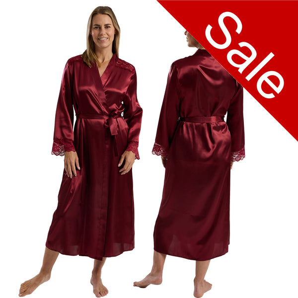 ladies plain cherry red silky shiny satin and lace full length dressing gown, bathrobe, wrap, kimono with full length sleeves trimmed with lace in UK sizes 10, 12, 