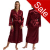 ladies plain cherry red silky shiny satin and lace full length dressing gown, bathrobe, wrap, kimono with full length sleeves trimmed with lace in UK sizes 10, 12, 