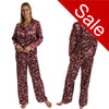 Autumn burgundy cherry red leaf floral print shiny satin pjs set consisting of a shirt style top with a collar, top pocket and button up front with matching full length trousers with an elasticated waist band in UK size 14-16