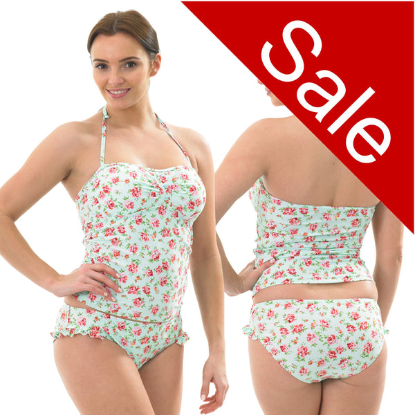 ladies halterneck tankini set in an aqua background with a floral ditsy pattern in UK size 10