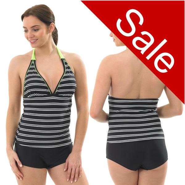 ladies swimwear tankini set halterneck with shorts black and white stripe in UK size 16 
