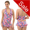 ladies halterneck tankini set in a bright tropical floral print in colours pink, blue and red. The top have a vee neck and the swim briefs have a small swimskirt in UK sizes 10, 12, 