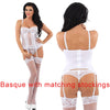 unpadded and underwired white floral lace basque with matching thong with vertical bones and detachable suspenders and straps with matching stockings in UK sizes 40D, 42B