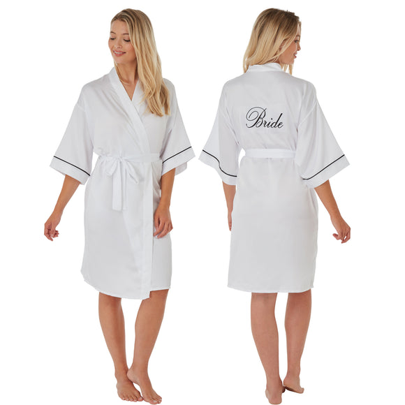 ladies white bride mat satin with black piping which is mid length dressing gown, bathrobe, wrap, kimono with 3/4 length sleeves in UK sizes 10, 12, 14,