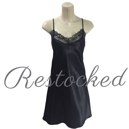 Plain Black Sexy Silky Satin Lace Chemise Nightie Negligee Lingerie