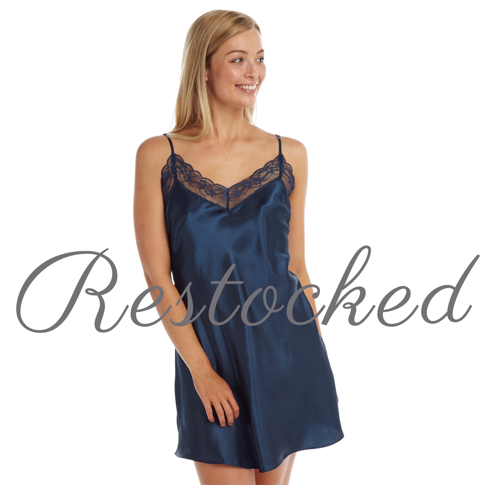 Plain Navy Blue Sexy Satin Lace Chemise Nightie Negligee Lingerie