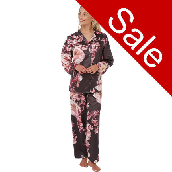 Sale Purple Digital Floral Print Sexy Satin Pyjamas PJs Set