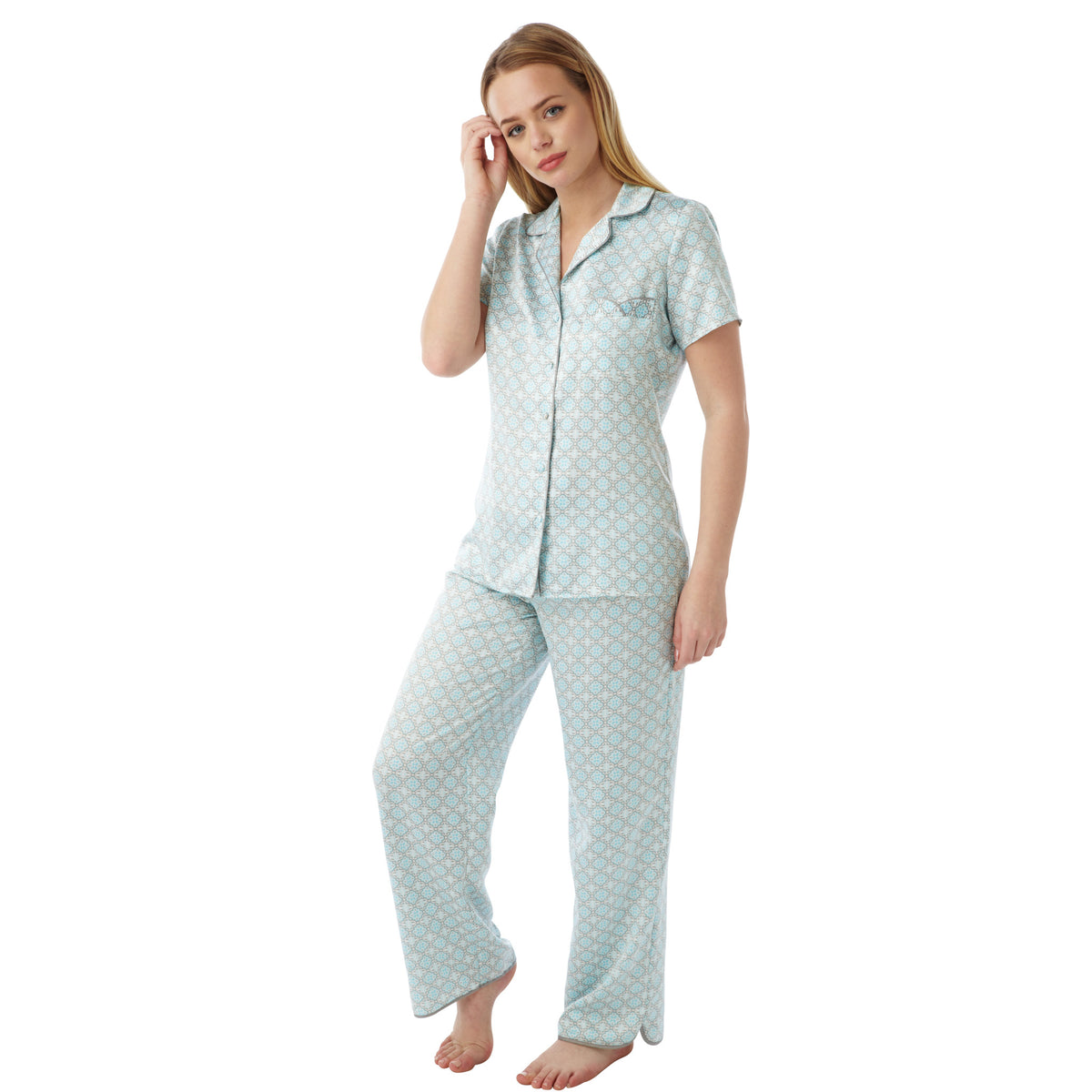 Sexy Satin Aqua Blue Murcia Print Pyjamas PJs Set Negligee Lingerie PL ...