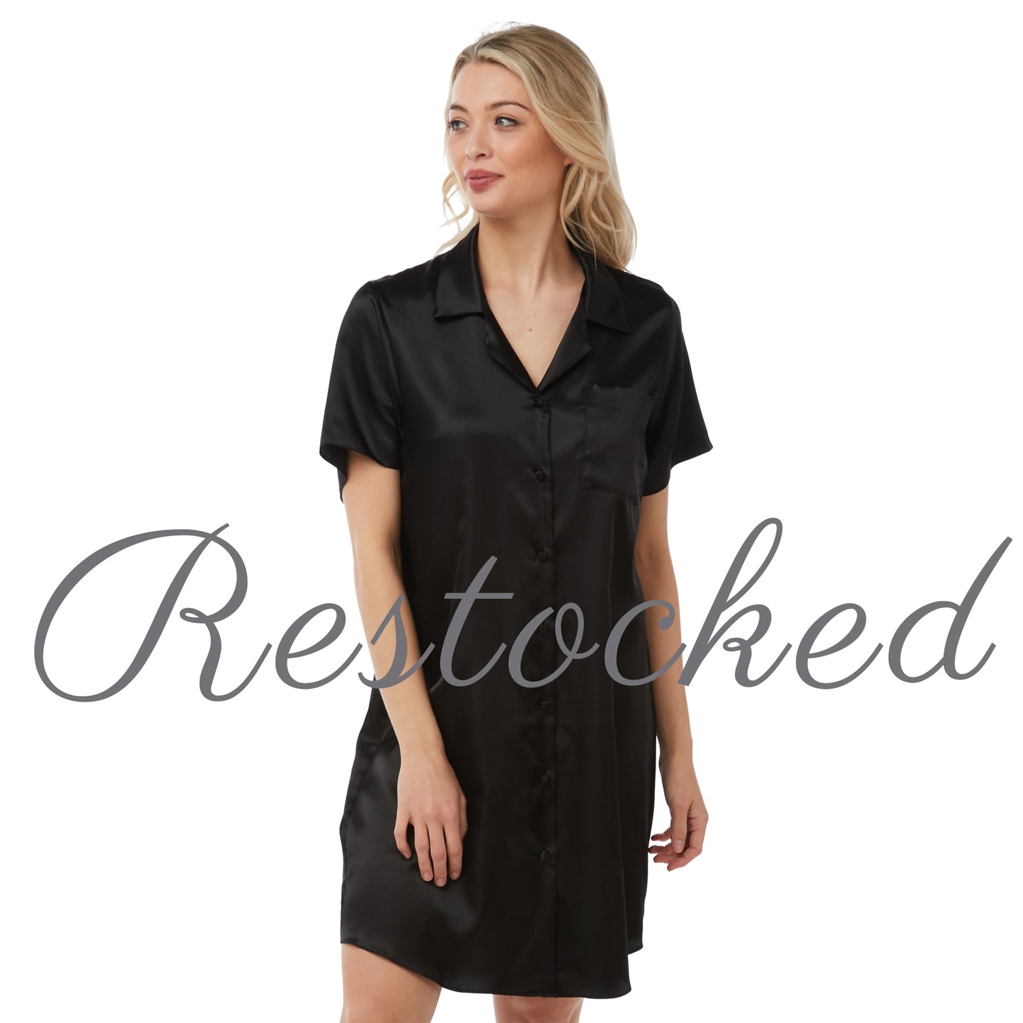 Plain Black Sexy Satin Nightshirt Short Sleeve Negligee Lingerie PLUS SIZE