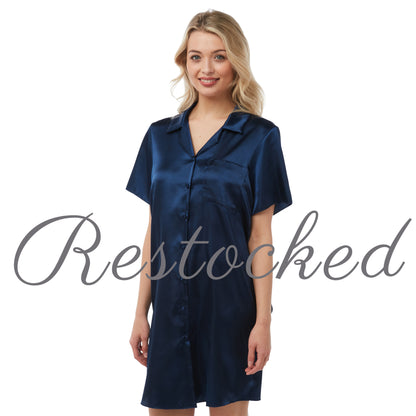 Plain Navy Sexy Satin Nightshirt Short Sleeve Knee Length Negligee Lingerie PLUS SIZE