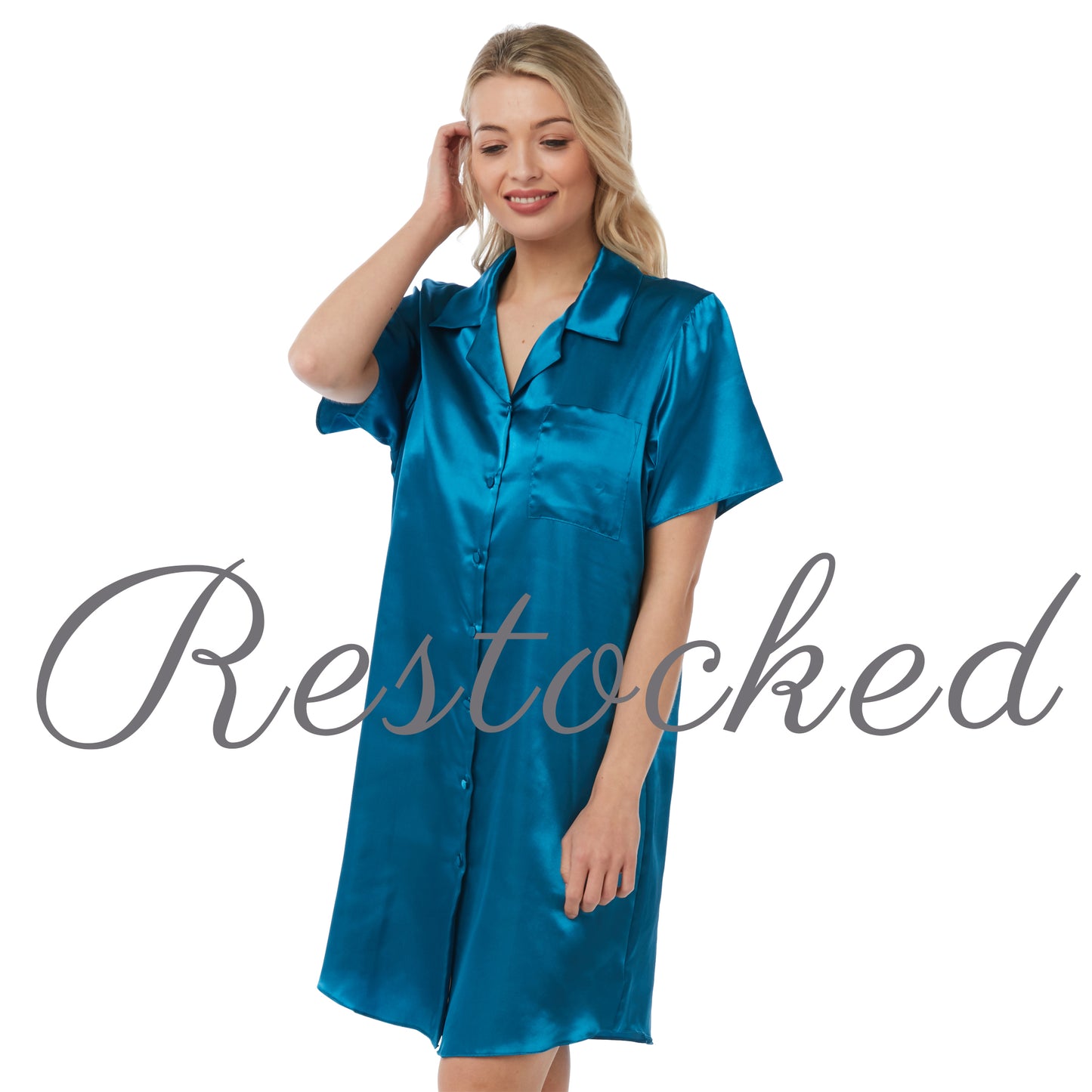 Plain Teal Blue Sexy Satin Nightshirt Short Sleeve Negligee Lingerie PLUS SIZE