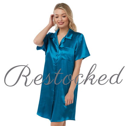 Plain Teal Blue Sexy Satin Nightshirt Short Sleeve Negligee Lingerie PLUS SIZE