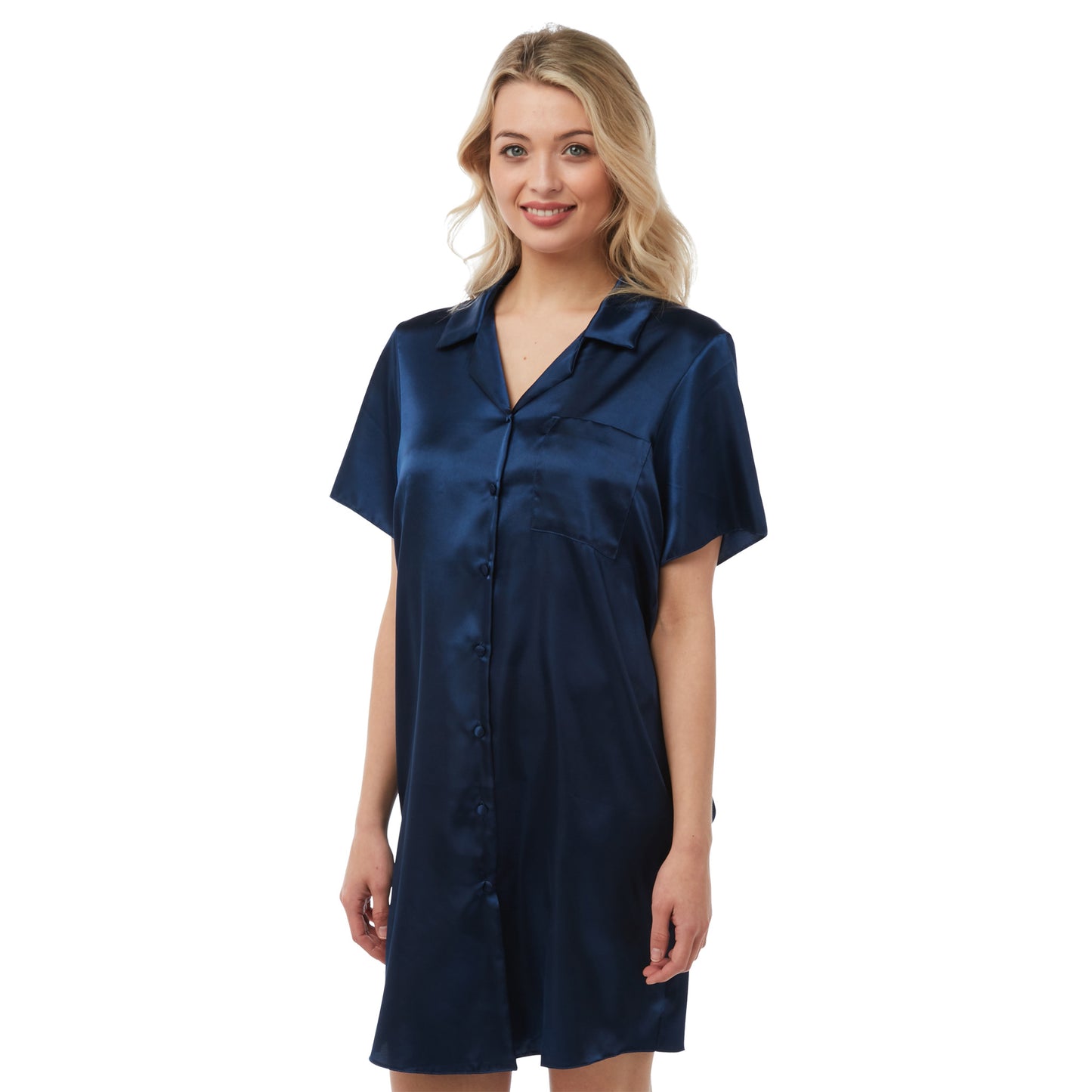 Plain Navy Sexy Satin Nightshirt Short Sleeve Knee Length Negligee Lingerie PLUS SIZE