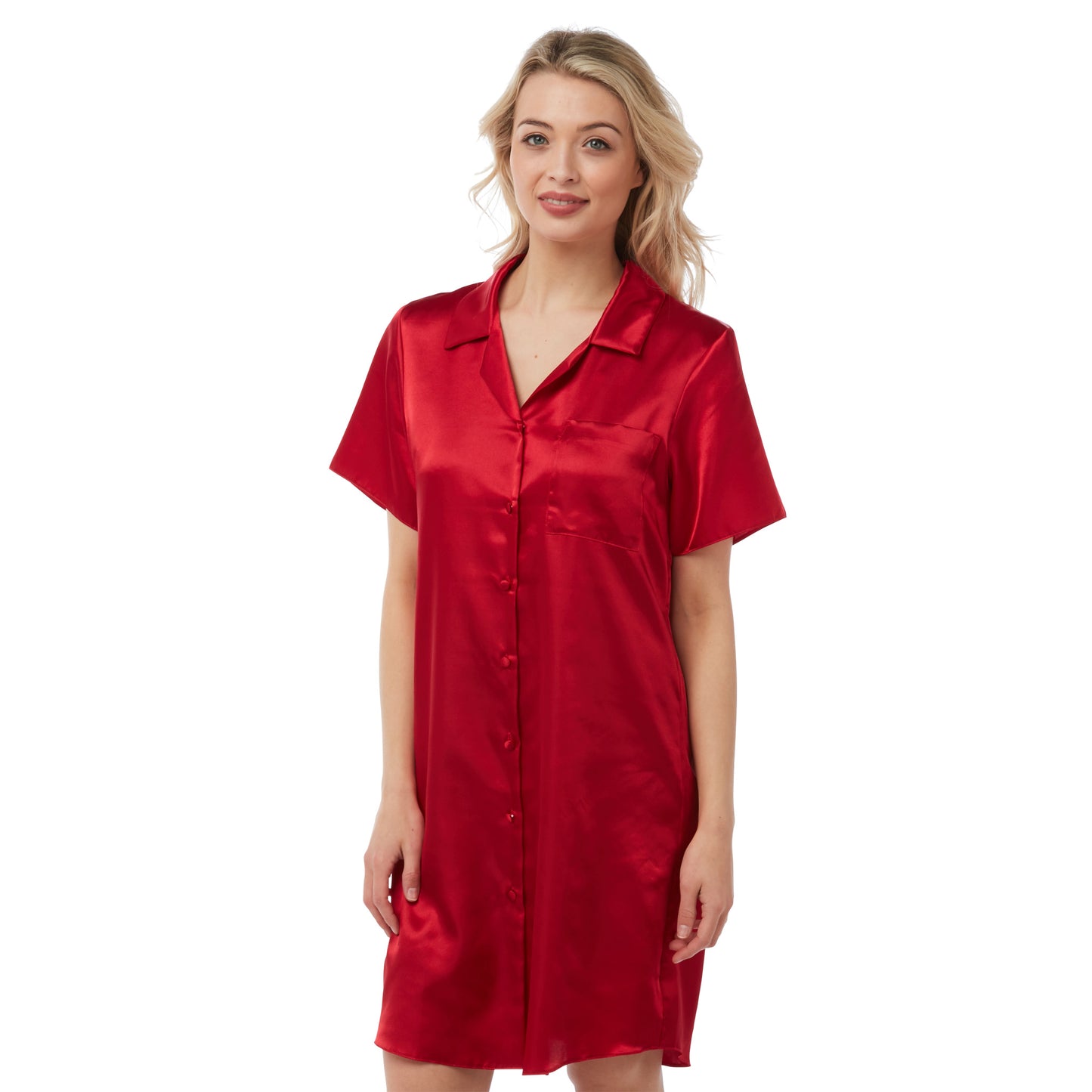 Plain Red Sexy Satin Nightshirt Short Sleeve Knee Length Negligee Lingerie PLUS SIZE