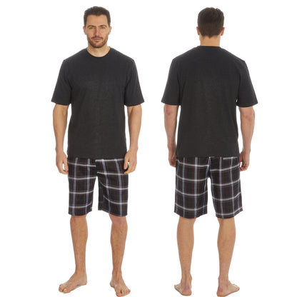 Mens Black Tartan Check PJs Pyjamas Set Short Sleeve T Shirt & Shorts