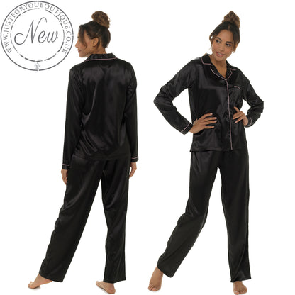 Sexy Satin Plain Black Pyjamas PJs Set Full Length Long Sleeve Negligee Lingerie