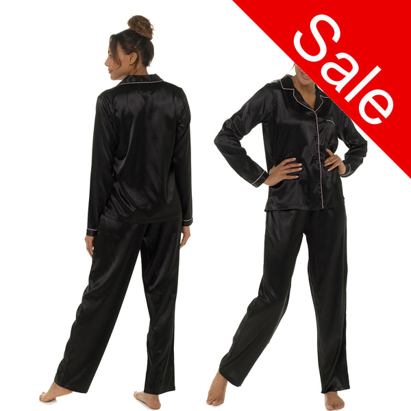 Sale Sexy Satin Plain Black Pyjamas PJs Set Full Length Long Sleeve