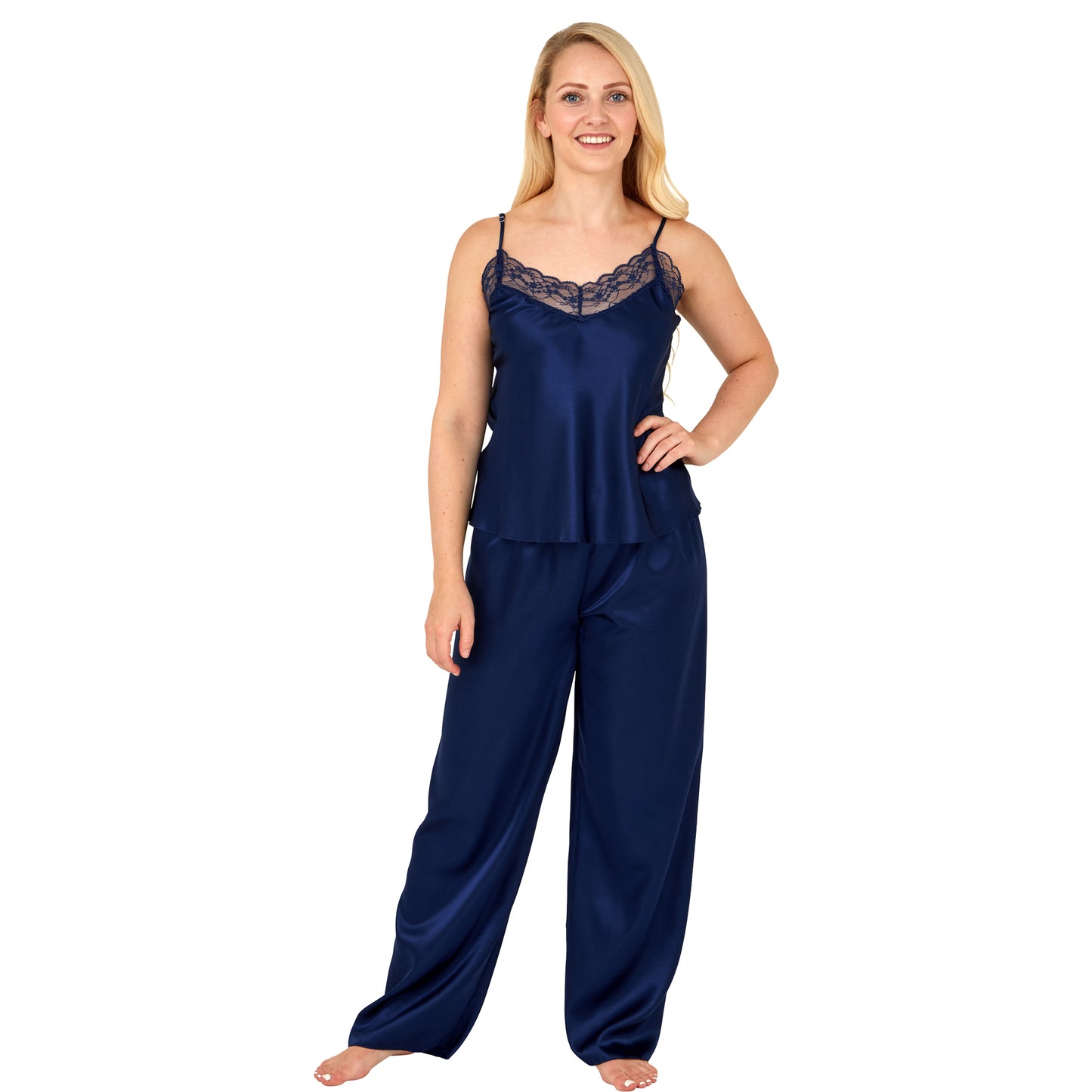 Sexy Satin Lace Plain Navy Pyjamas PJs Set Cami Top Negligee Lingerie PLUS SIZE