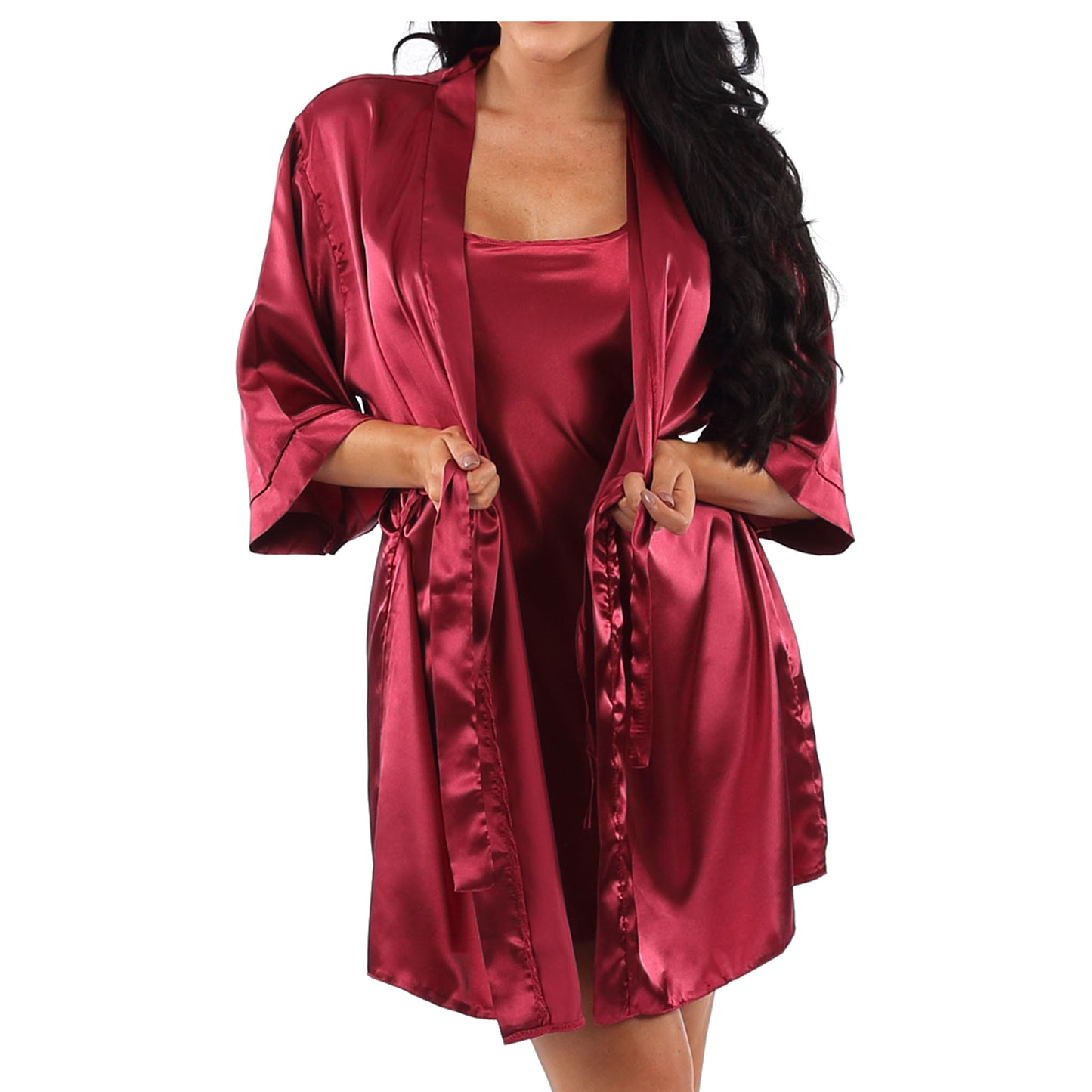 Matching Plain Wine Red Sexy Satin Chemise and Wrap Set Negligee Lingerie