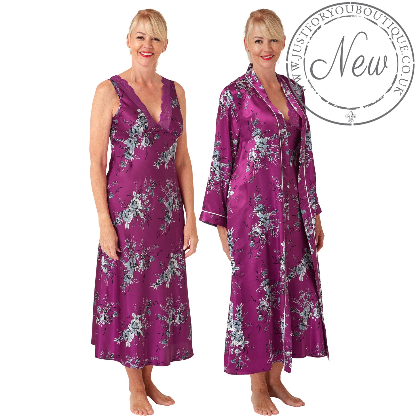 Matching Fuchsia Pink Floral Sexy Satin Long Nightdress & Wrap Set Negligee Lingerie PLUS SIZE