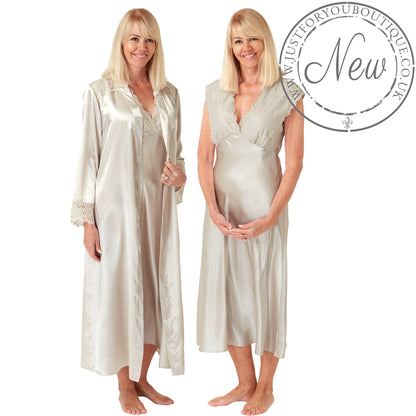 Matching Gold Beige Sexy Satin Long Nightdress & Wrap Set Negligee Lingerie PLUS SIZE