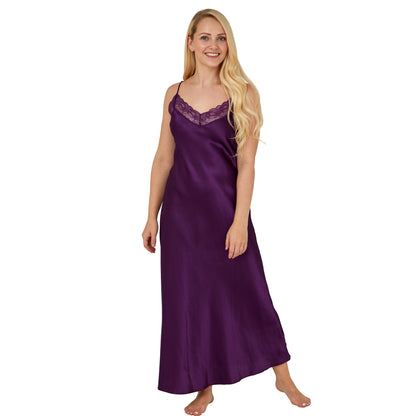 Long Full Length Purple Sexy Satin Lace Nightdress Chemise Negligee Lingerie PLUS SIZE