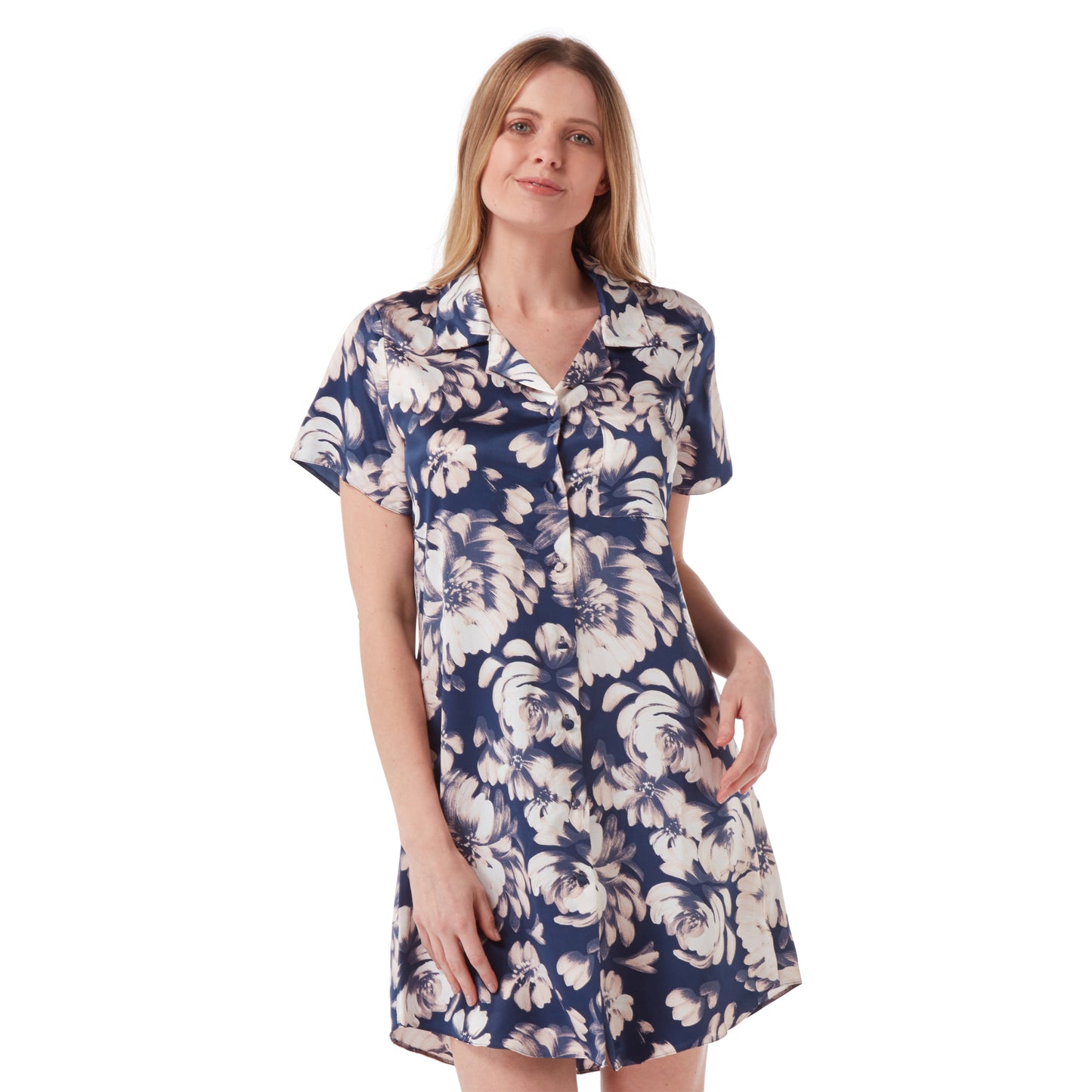 Navy Floral Sexy Satin Nightshirt Short Sleeve Knee Length Negligee Lingerie