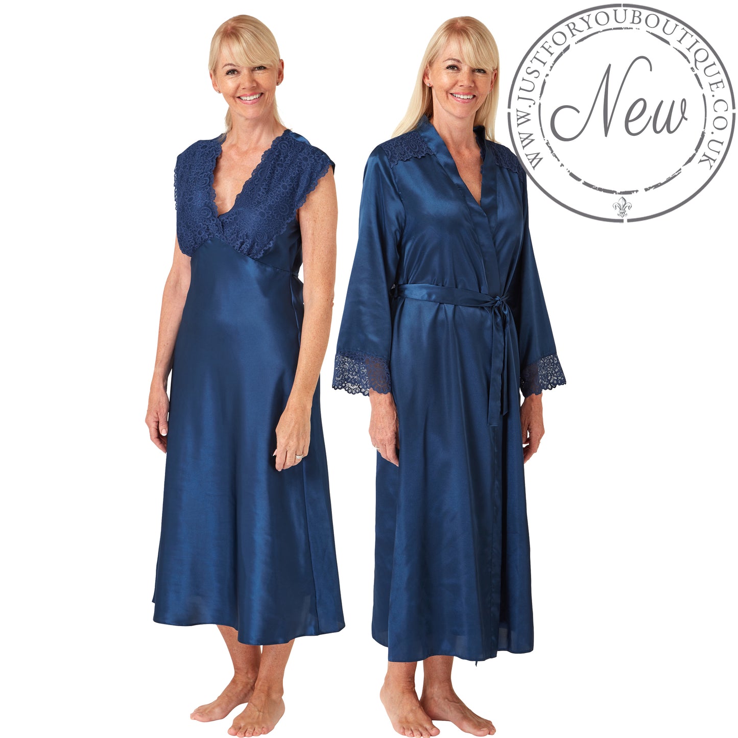 Matching Plain Teal Blue Sexy Satin Lace Long Nightdress & Wrap Set Negligee Lingerie PLUS SIZE