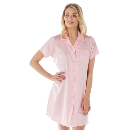 Rose Pink Sexy Satin Nightshirt Short Sleeve Knee Length Negligee Lingerie