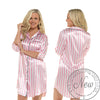 Long Sleeve Pink Candy Stripe Sexy Satin Nightshirt Knee Length Negligee Lingerie