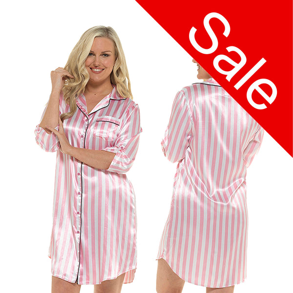 Sale Longer Sleeve Pink Candy Stripe Sexy Satin Nightshirt
