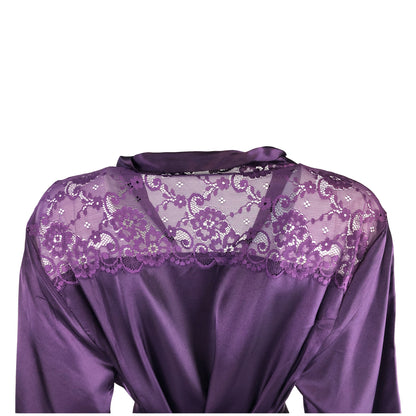 Long Full Length Plain Cadbury Purple Sexy Satin Lace Wrap Bathrobe