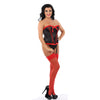 Black Red Ruffle Burlesque Satin Corset Basque with Stockings Suspenders & Thong