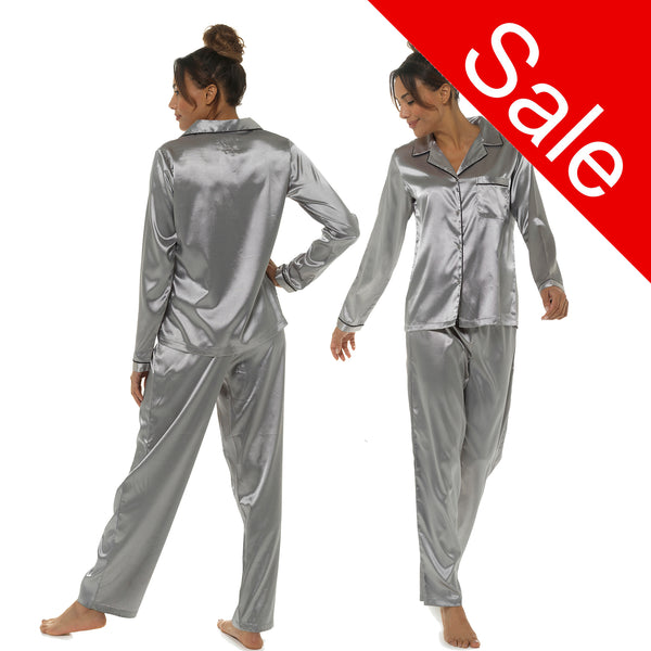 Sale Silver Grey Sexy Satin Pyjamas PJs Set Long Sleeve Full Length