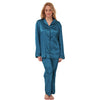 plain teal blue silky shiny satin pjs set consisting of a shirt style top with full length sleeves, a collar, top pocket and a button up front with matching full length trousers in UK plus sizes 14, 16, 18, 20, 22, 24,