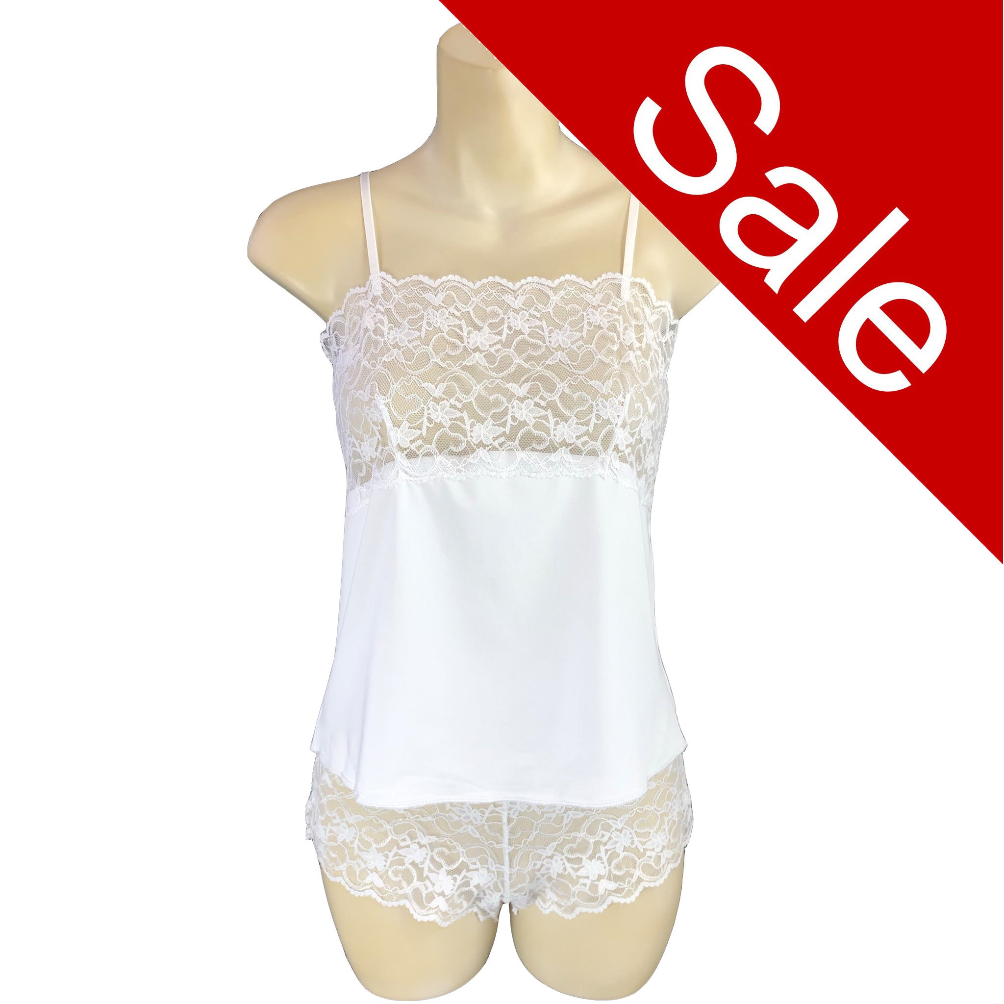 Sale Plain White Viscose Lace Sexy Cami PJs Set with French