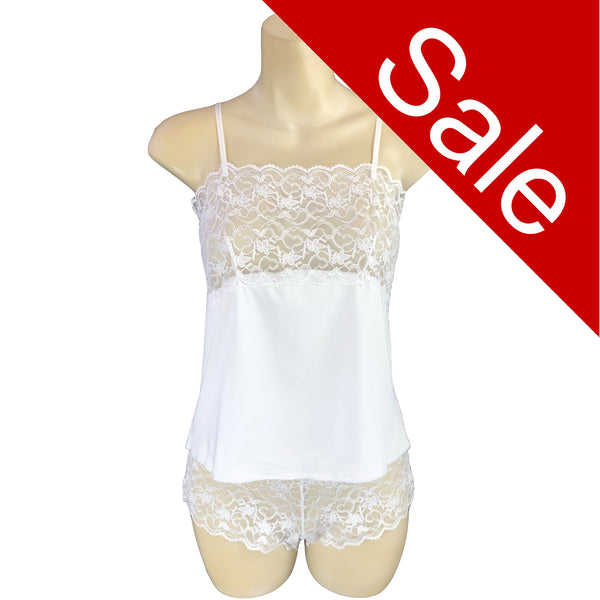 Sale Plain White Viscose Lace Sexy Cami PJs Set with French Knickers